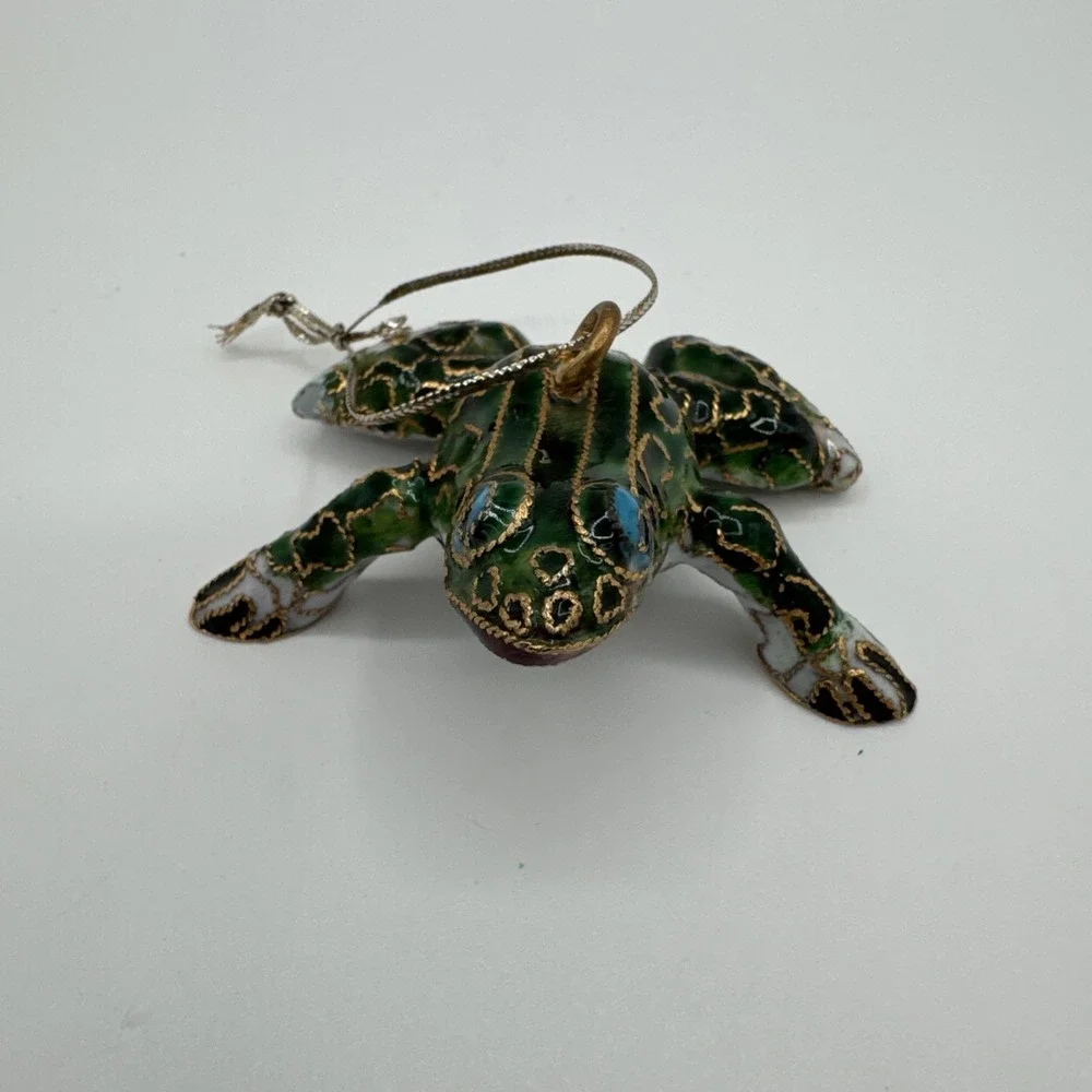 Vintage Cloisonné Enamel Frog Ornament Figurine Green & Gold Decorative Frog